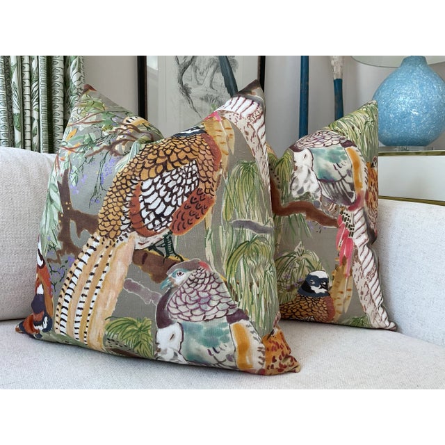 Linen Mulberry for Lee Jofa Game Birds in Multi and Stone Pillows- a Pair For Sale - Image 4 of 4