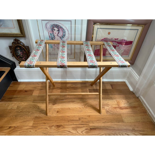 Shabby Chic Vintage Folding Luggage Rack / Quilt Stand With Floral Needlepoint Straps For Sale - Image 3 of 8