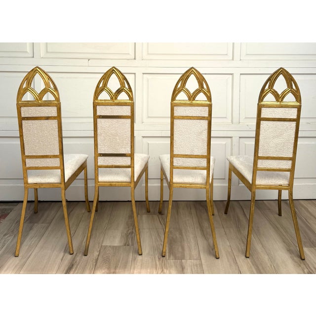 Set of 4 Hollywood Regency Gothic Revival Gilt Dining Chairs in Ivory Bouclé For Sale - Image 4 of 12