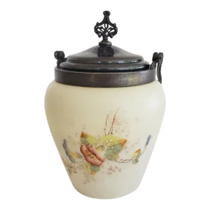 Antique 1800s Mt Washington Custard Satin Biscuit Jar With Lid Hand Painted Flowers