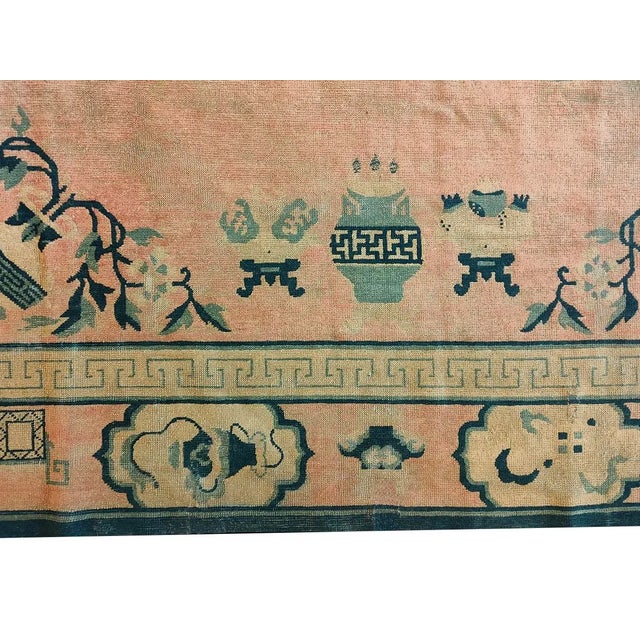 1890s Rose Pink Floral Vase Qing Antique Chinese Peking Carpet 6'6''x 8'4'' Knotted Wool Rug For Sale - Image 4 of 9