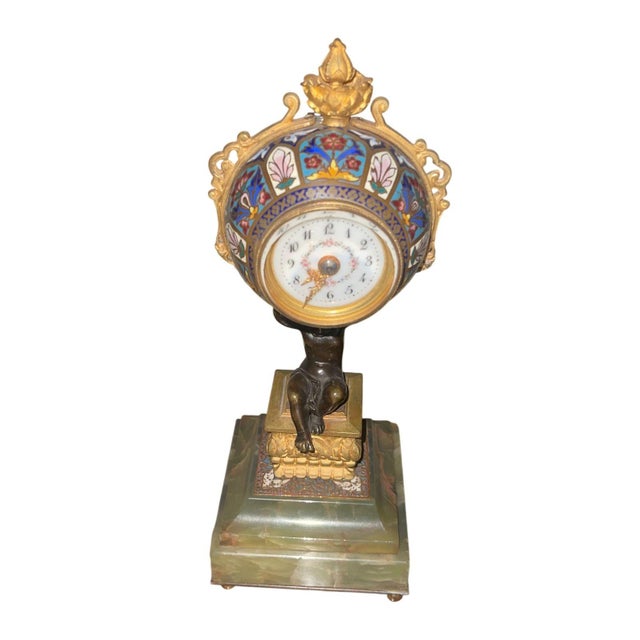 Bronze 19th Century French Champlevé Enamel Figural Mantel Clock For Sale - Image 8 of 9