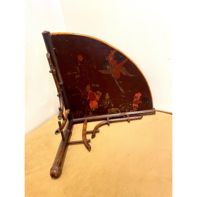 Vintage Asian Chinoiserie Burnt Bamboo Painted Corner Shelf, Burgundy, Rose and Olive Green For Sale In Houston - Image 6 of 12