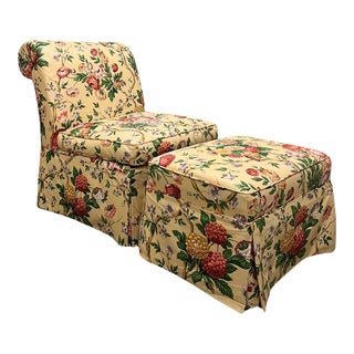 Custom Floral Chintz Slipper Chair and Ottoman For Sale
