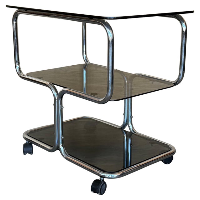 Mid Century Sleek Italian Three Tier Chrome and Glass Drinks Trolley On Castors For Sale - Image 15 of 18
