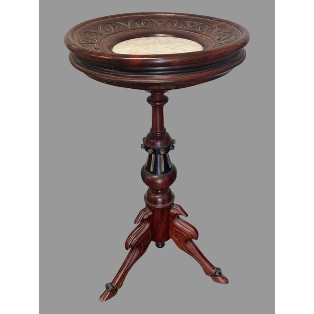 Wood Antique Victorian Style Carved Walnut Inset Marble Top Plant Display Stand For Sale - Image 7 of 10