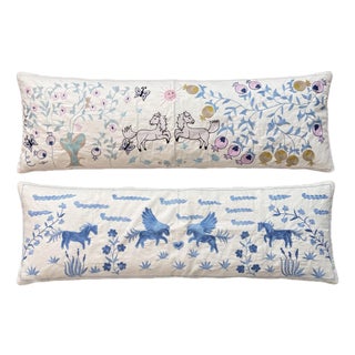White Horse Suzani Lumbar Pillow Cover 17'' X 53'' - Set of Two For Sale