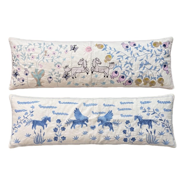 White Horse Suzani Lumbar Pillow Cover 17'' X 53'' - Set of Two For Sale