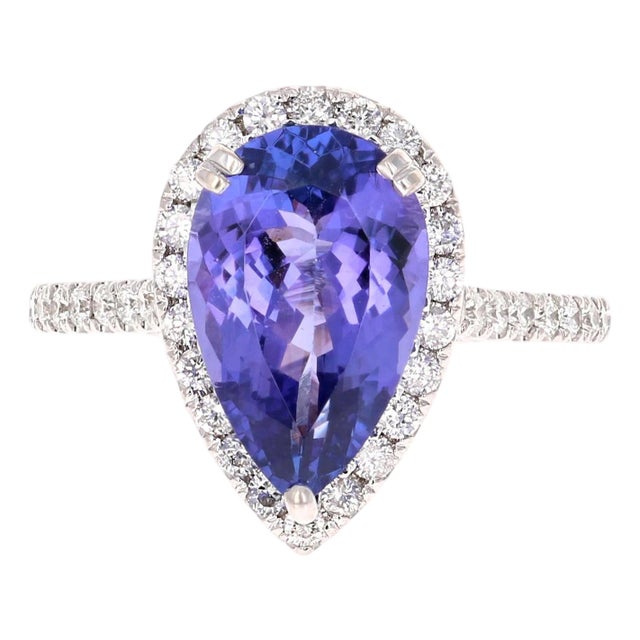 4.24 Carat Pear Cut Tanzanite Diamond 14 Karat White Gold Engagement Ring, Size 7 For Sale