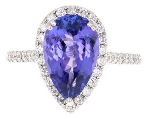 4.24 Carat Pear Cut Tanzanite Diamond 14 Karat White Gold Engagement Ring, Size 7