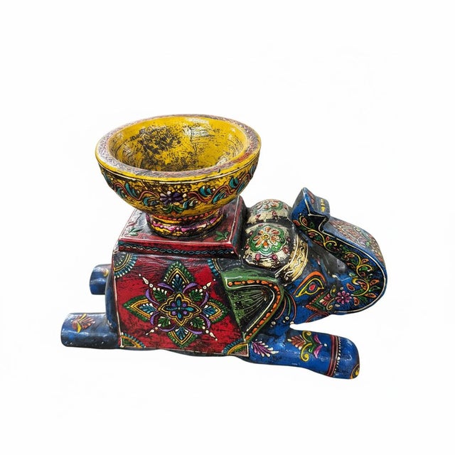 Far Pavilions Hand Painted Elephant Candle Holder| Indian Boho Tabletop Statue & Candle Stand | Unique Eclectic Royal Trinket Dish Gift | Statuette Bowl For Sale - Image 4 of 7