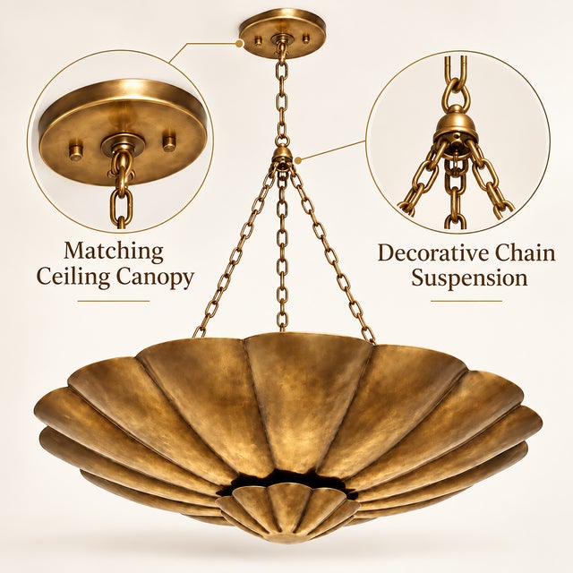 Flower Bowl Chandelier, Antique Brass Finish, Handmade Ceiling Light For Sale - Image 10 of 15