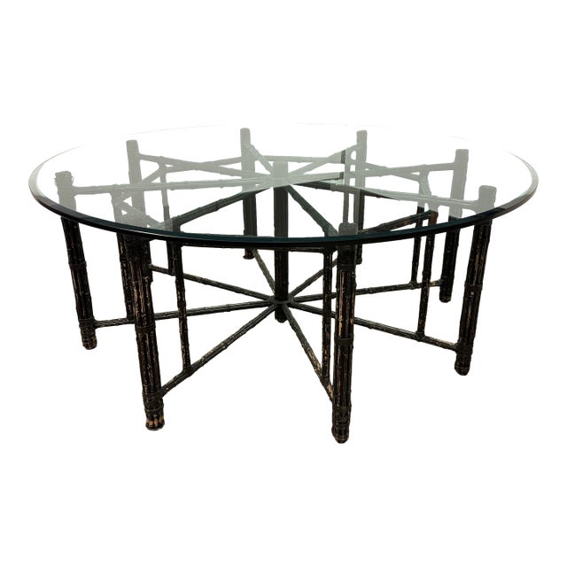 McGuire Furniture Round Glass + Bamboo Dining Table, 72 Inches For Sale
