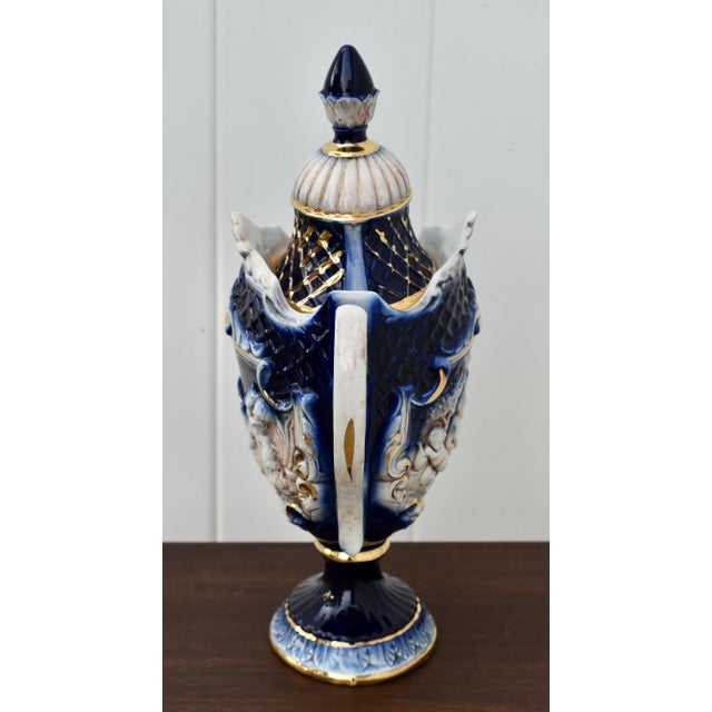 Italian Ceramic Lidded Urn Capodimonte Cobalt Blue Gold Relief Cherubs 70s For Sale - Image 11 of 16