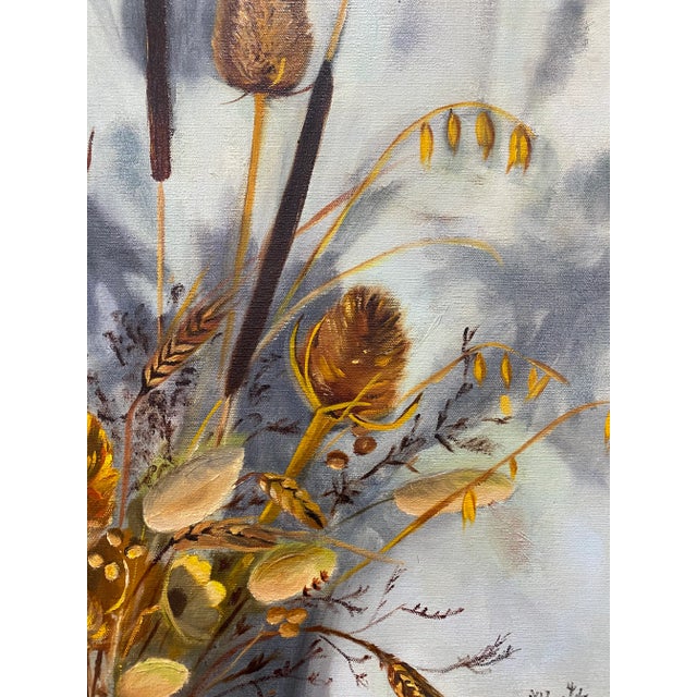 Textile Vintage Still Life Oil Painting With Dried Flowers in a Green Vase by J. Viola C.1979 For Sale - Image 7 of 13