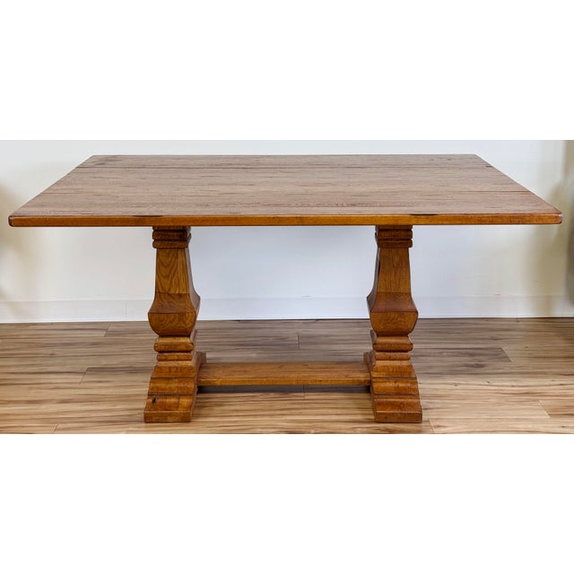 Farmhouse Vintage Solid Wood Tuscan Farmhouse Style Drop Leaf Trestle Table For Sale - Image 3 of 17
