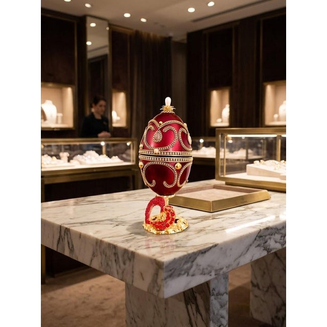 Ornamental & Decorative Materials Pierre Lorren Natural Egg Hand Carved Faberge Egg Style Musical Trinket Austrian Crystal Ruby Pure Gold Deco Handmade 2012 Vintage Egg For Sale - Image 7 of 11