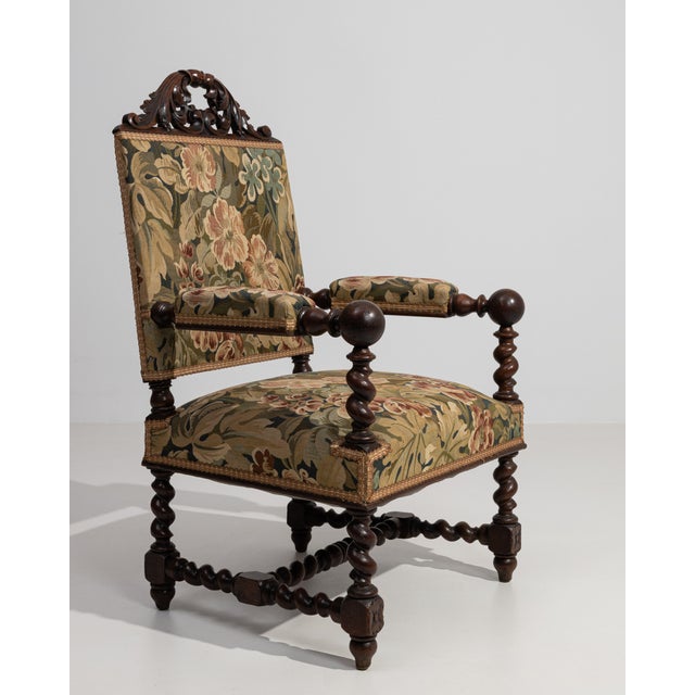 Jacobean Oak Upholstered Armchair with Floral Carving, Antique, France, Circa 1880 For Sale - Image 10 of 13