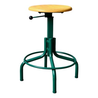 Industrial Adjustable Workshop Stool in Green Metal and Yellow Wood, 1960s For Sale