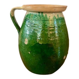 19th Century French Green-Glazed Terracotta Pitcher/Antique French Provincial Pottery For Sale