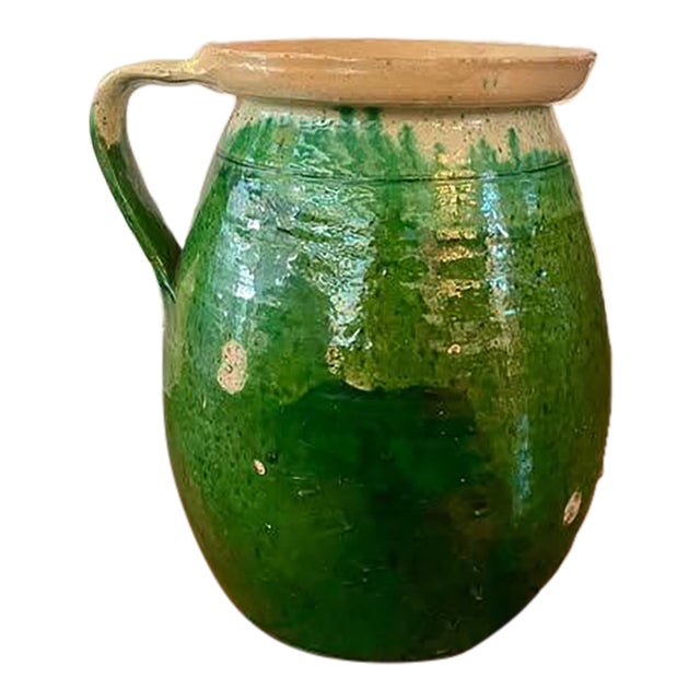19th Century French Green-Glazed Terracotta Pitcher/Antique French Provincial Pottery For Sale