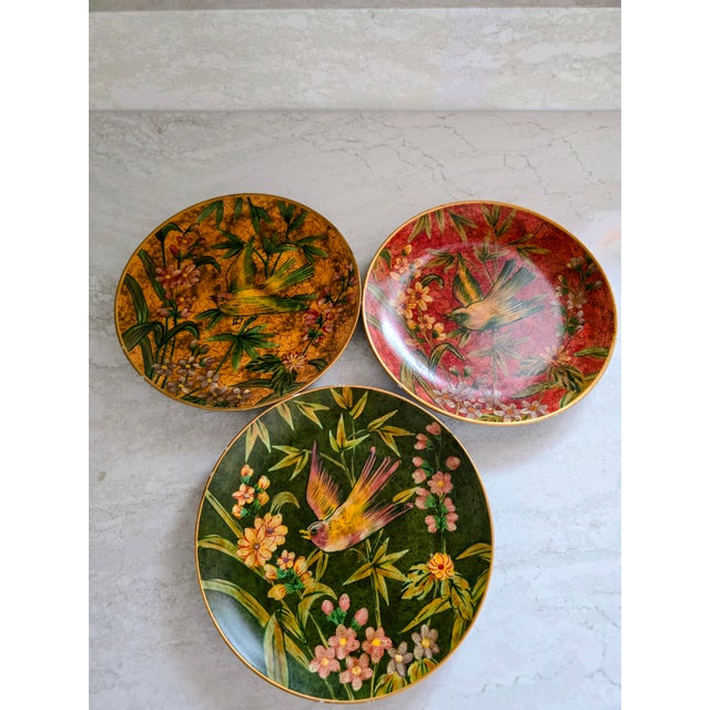 Set of 3 Raymond Waites Hand-Painted Bird & Floral Decorative Plates, 8” For Sale - Image 4 of 4