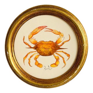 Original Hand-Painted Crab Painting Framed in a Vintage Frame For Sale