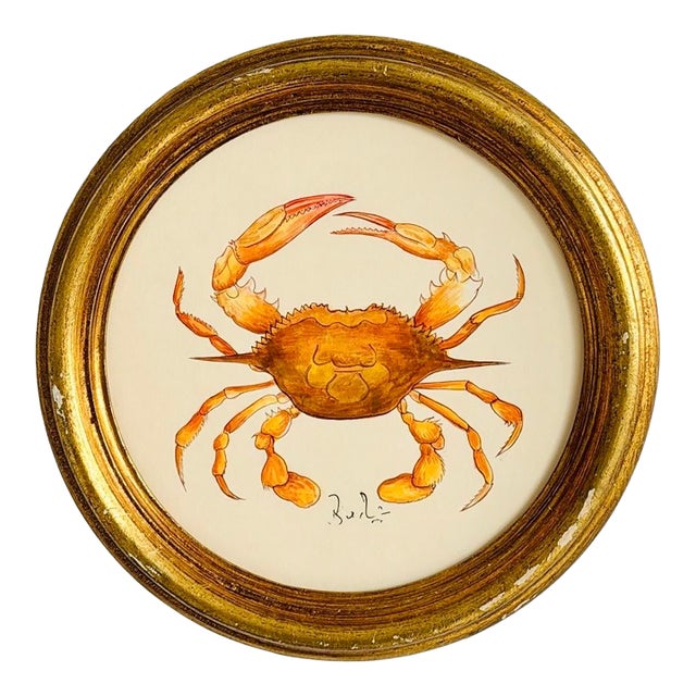 Original Hand-Painted Crab Painting Framed in a Vintage Frame For Sale