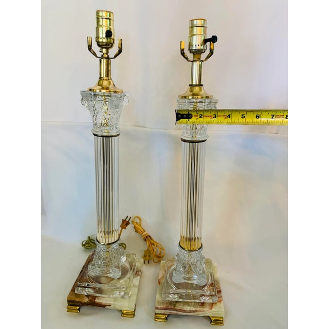 Mid 20th Century Corinthian Column-Style Marble, Glass & Brass Table Lamps - a Pair For Sale - Image 12 of 13