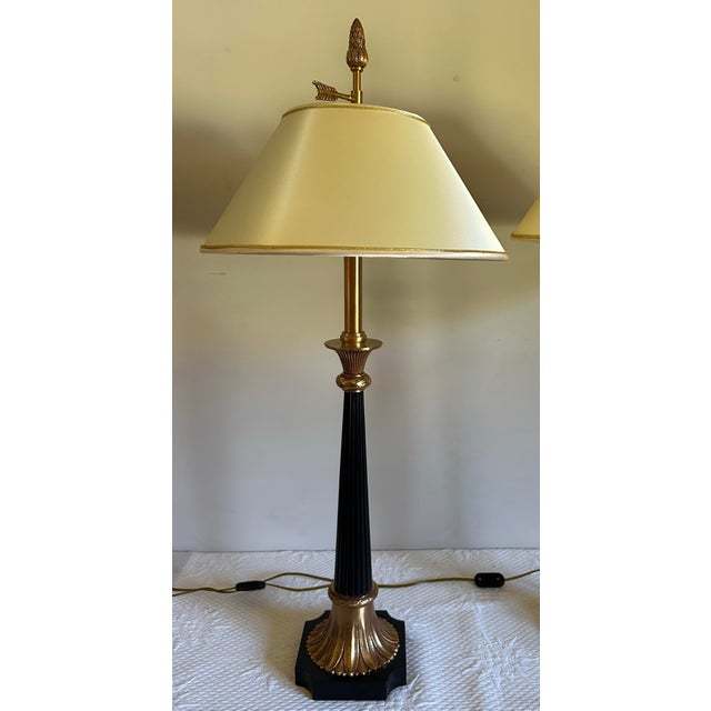 1980s Vintage Pair of Maitland Smith Tall Black and Gold Column Style Table Lamps For Sale - Image 5 of 12