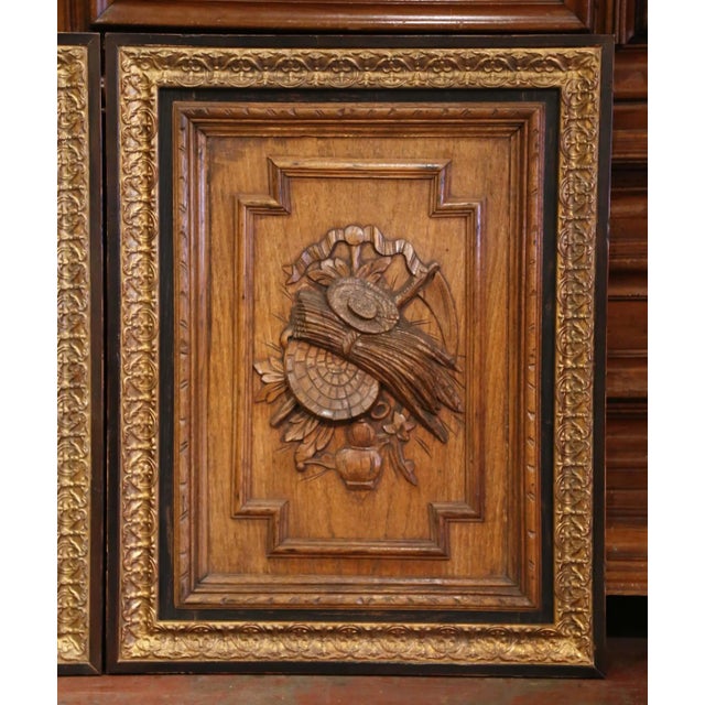 Pair of 19th Century, French Carved Oak Wall Door Panels in Gilt Frames For Sale - Image 4 of 10