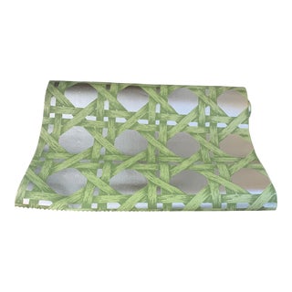 Vintage 1970s Trellis Silver and Green Wallpaper- One Double Roll For Sale