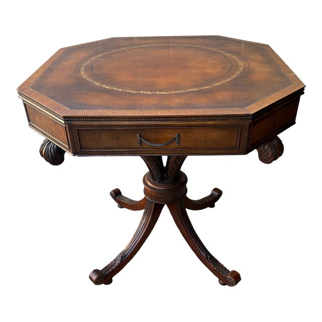 Antique English Regency-Style Drum Table Is Constructed From Mahogany Wood and Features an Octagonal Leather Top With Gold Tooling For Sale