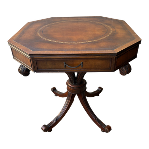 Antique English Regency-Style Drum Table Is Constructed From Mahogany Wood and Features an Octagonal Leather Top With Gold Tooling
