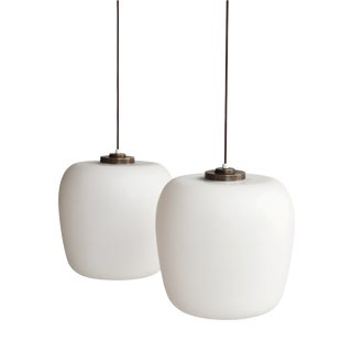 Danish Modern Funkis Pendants in Opal Glass and Brass attributed to Fog & Mørup, 1940s, Set of 2 For Sale