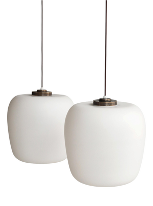 Danish Modern Funkis Pendants in Opal Glass and Brass attributed to Fog & Mørup, 1940s, Set of 2