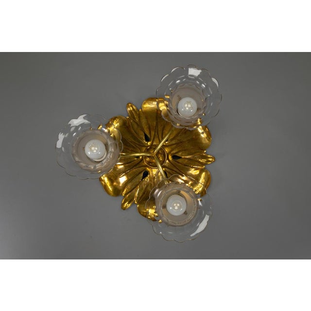 French Art Nouveau Brass and Glass Three-Light Flush Mount Ceiling Light, 1920 For Sale - Image 16 of 18