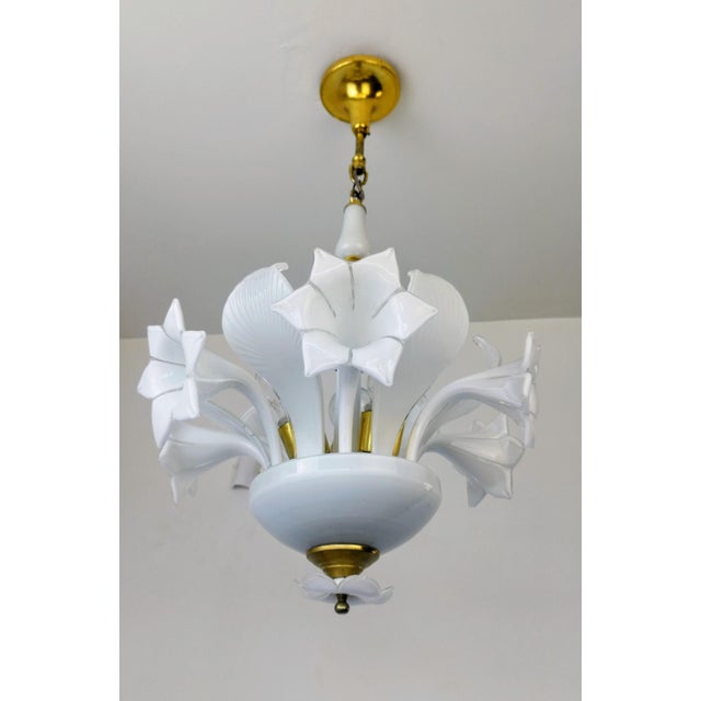 Vintage Italian White Murano Styled Calla Lilly Chandelier Brass Lighting 1970s For Sale - Image 17 of 17