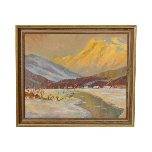 American 20th Century Winter Mountain Town Landscape Original Oil Painting by Ed Hall For Sale - Image 13 of 13