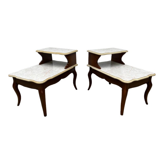 Mid Century Modern Walnut and Faux Marble Two-Tiered Side End Tables- Set of 2 For Sale