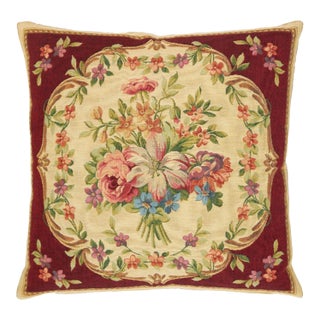 Aubusson Bouquet Red Tapestry Cushion With Feather Filler - 46 X 46cm For Sale