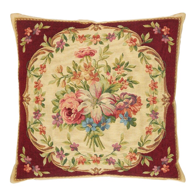 Aubusson Bouquet Red Tapestry Cushion With Feather Filler - 46 X 46cm For Sale
