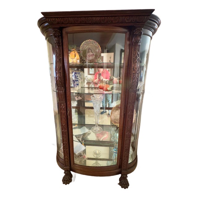 Antique Early 19th C Mahogany Lion Carved Bow Front China Cabinet, Paw Feet For Sale