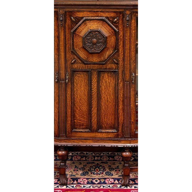 Antique English Jacobean Bookcase Bow Front Cabinet Triple Door Oak C1930s For Sale - Image 9 of 18