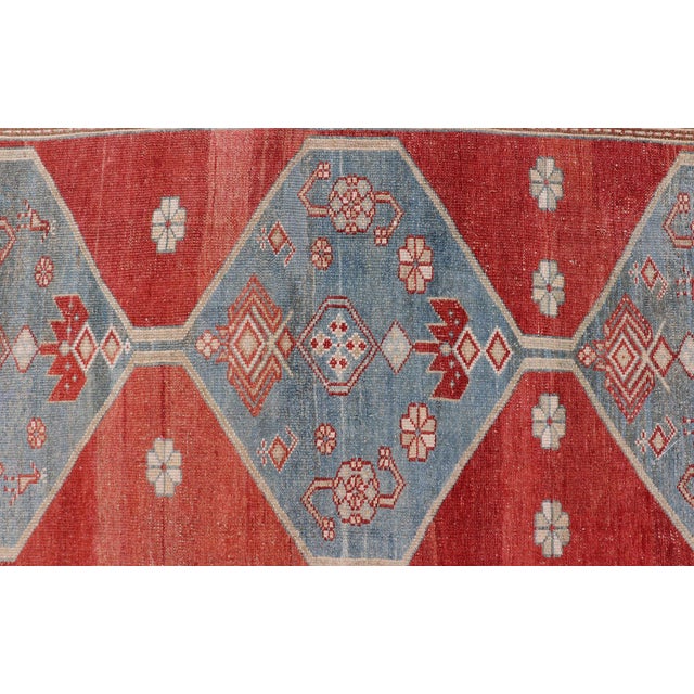 Textile Antique Kurdish Medallion Gallery Runner in Red, Denim Blue, and Eggshell 4'8 X 10'6 For Sale - Image 7 of 12