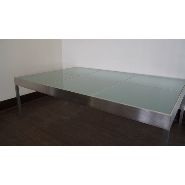 Pair of 1990s Modern Brushed Steel and Frosted Glass Coffee Tables For Sale - Image 9 of 10