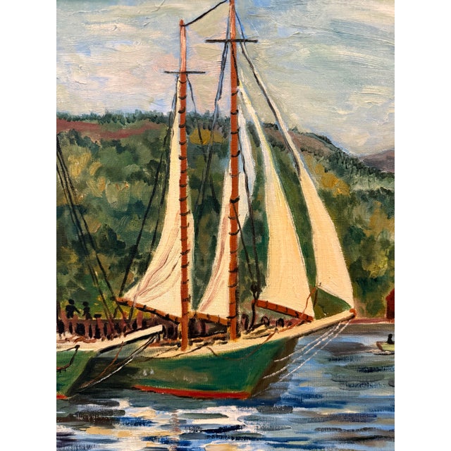 Wood Vintage Signed Maritime Harbor Oil Painting by P. McIsaac For Sale - Image 7 of 10
