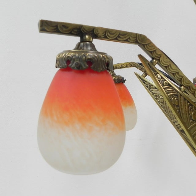 Art Deco Brass Hanging Lamp with Pates De Verre Shades, 1930s For Sale - Image 16 of 18