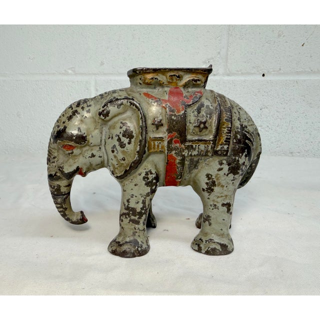 Gray Rare Antique Early 1900 Hand Painted Cast Iron Circus Howdah Elephant Still Bank For Sale - Image 8 of 10