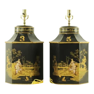 A Pair of Vintage Gilt English Tea Can Hand-Painted Chinese Style Table Lamp